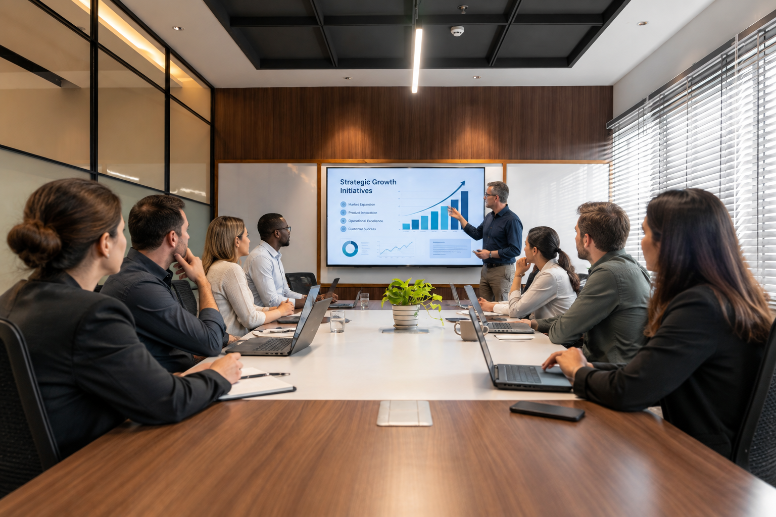 Legal and accountancy professionals in a boardroom meeting, presenter reviewing strategic growth initiatives