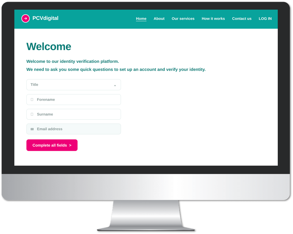 Screenshot of the branded client welcome screen where customers begin their identity verification
